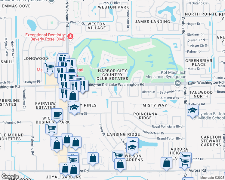 map of restaurants, bars, coffee shops, grocery stores, and more near 2385 Woodwind Trail in Melbourne