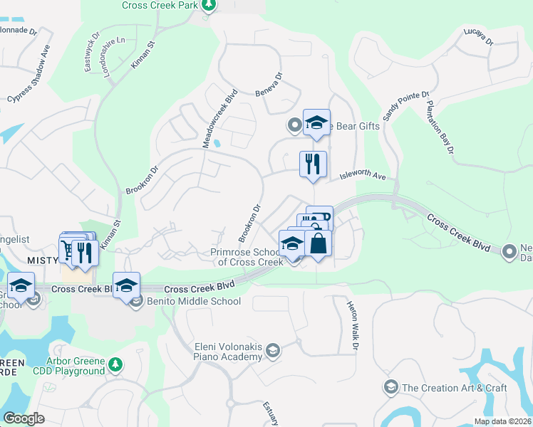 map of restaurants, bars, coffee shops, grocery stores, and more near 18110 Birdwater Drive in Tampa