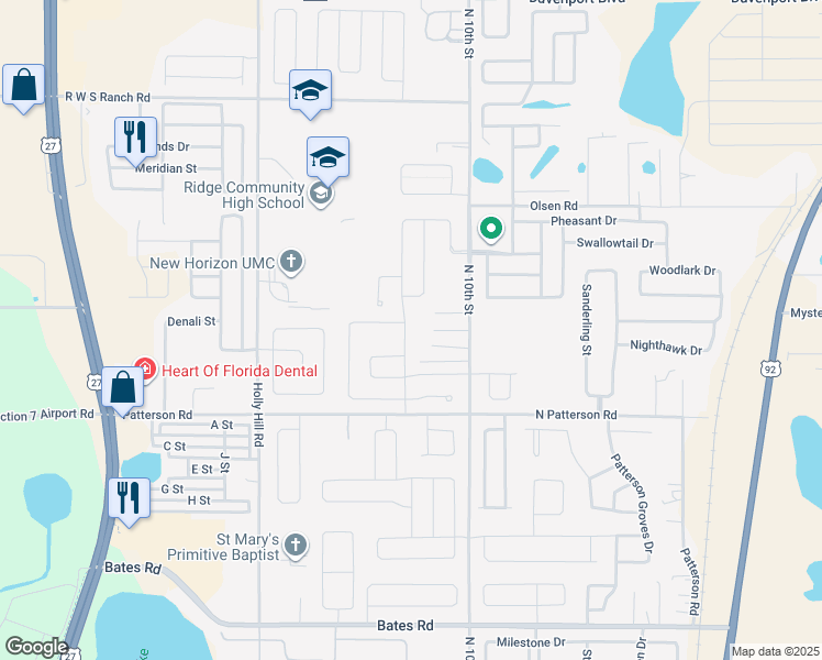 map of restaurants, bars, coffee shops, grocery stores, and more near 343 Tanager Street in Haines City