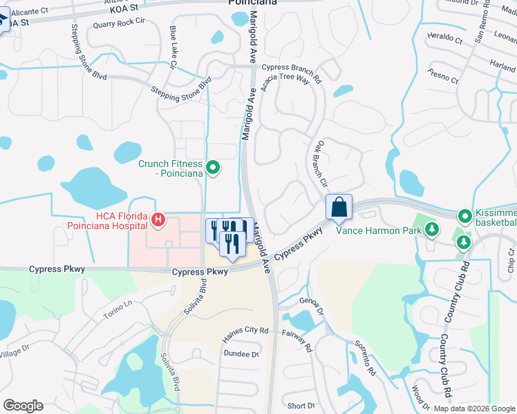 map of restaurants, bars, coffee shops, grocery stores, and more near 102 Saffron Way in Kissimmee