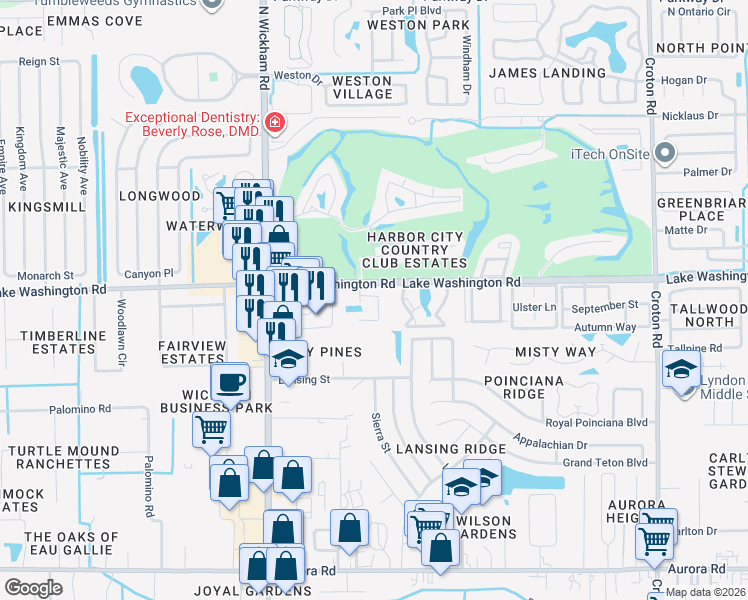 map of restaurants, bars, coffee shops, grocery stores, and more near 2334 Golf Lake Circle in Melbourne