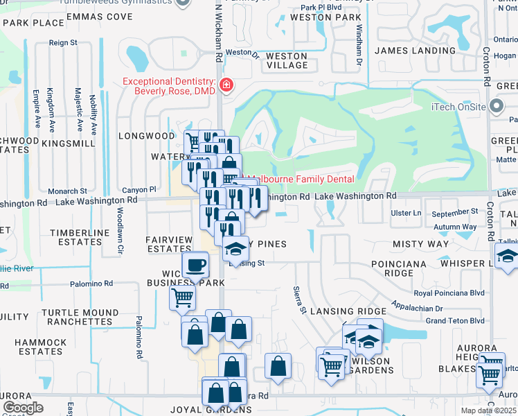 map of restaurants, bars, coffee shops, grocery stores, and more near 2447 North Wickham Road in Melbourne