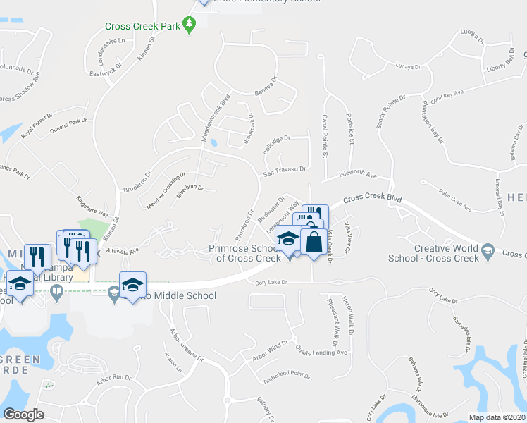 map of restaurants, bars, coffee shops, grocery stores, and more near 18110 Birdwater Drive in Tampa