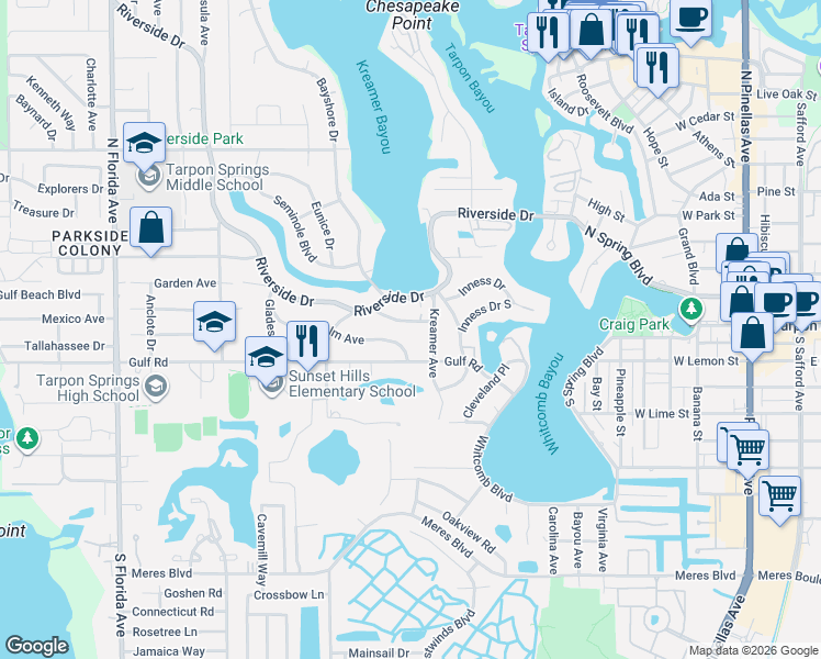 map of restaurants, bars, coffee shops, grocery stores, and more near 502 Hillcrest Avenue in Tarpon Springs