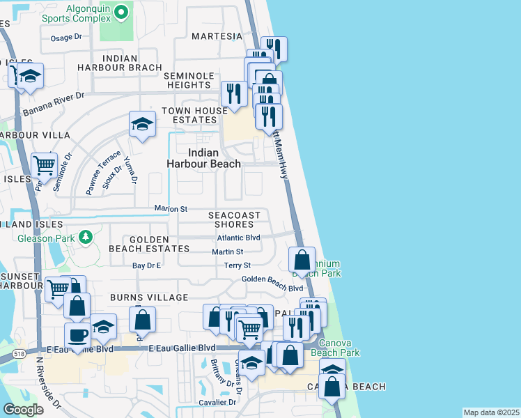 map of restaurants, bars, coffee shops, grocery stores, and more near 201 Dorothy Lane in Satellite Beach