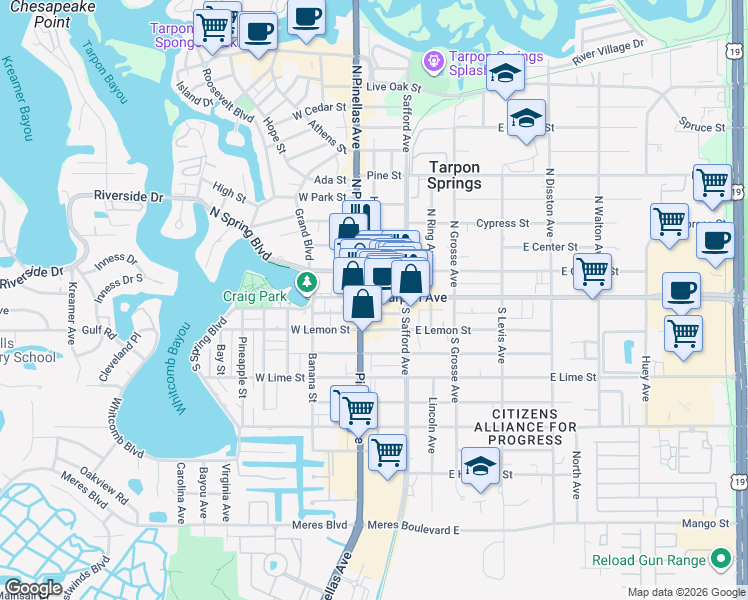 map of restaurants, bars, coffee shops, grocery stores, and more near in Tarpon Springs