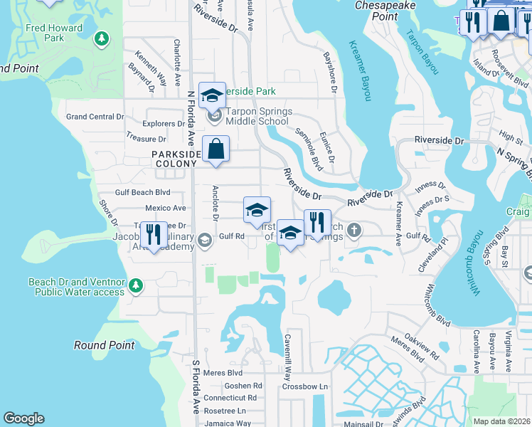 map of restaurants, bars, coffee shops, grocery stores, and more near 1402 Tallahassee Drive in Tarpon Springs