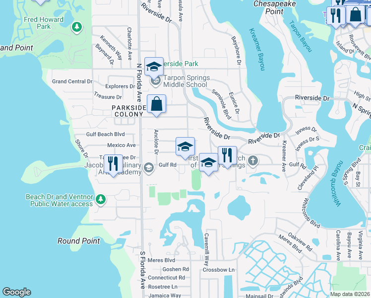 map of restaurants, bars, coffee shops, grocery stores, and more near 1402 Tallahassee Drive in Tarpon Springs