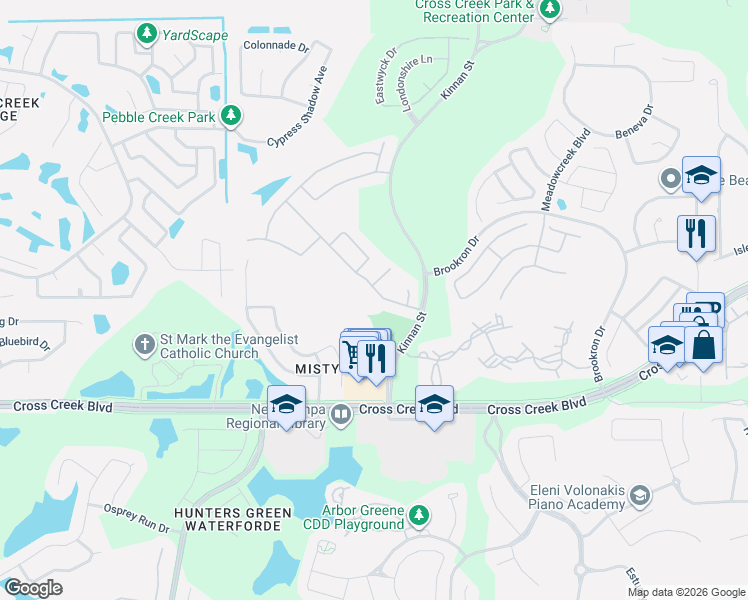 map of restaurants, bars, coffee shops, grocery stores, and more near 10115 Kingshyre Way in Tampa