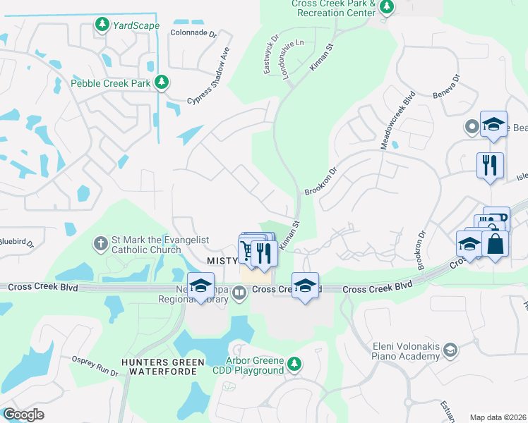 map of restaurants, bars, coffee shops, grocery stores, and more near 10115 Kingshyre Way in Tampa