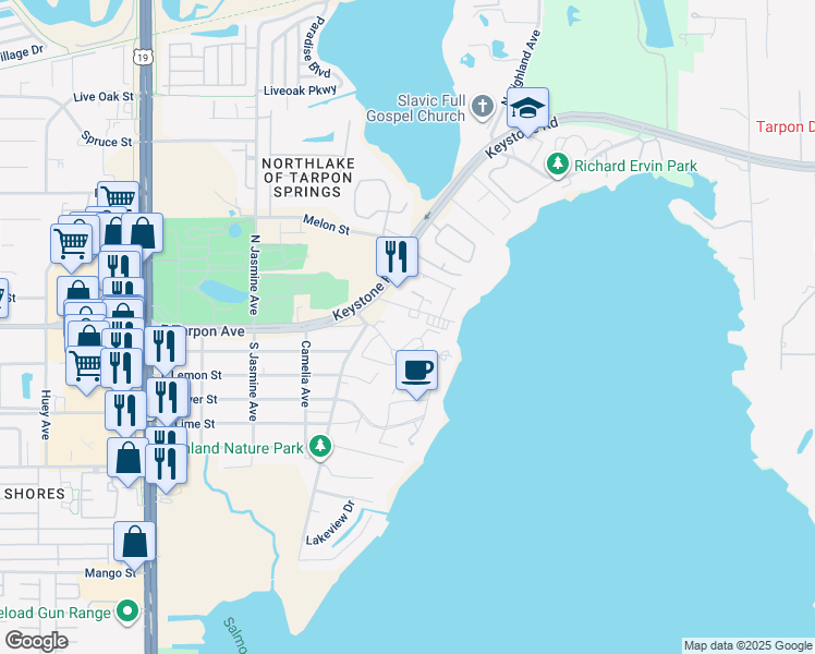 map of restaurants, bars, coffee shops, grocery stores, and more near 90 South Highland Avenue in Tarpon Springs