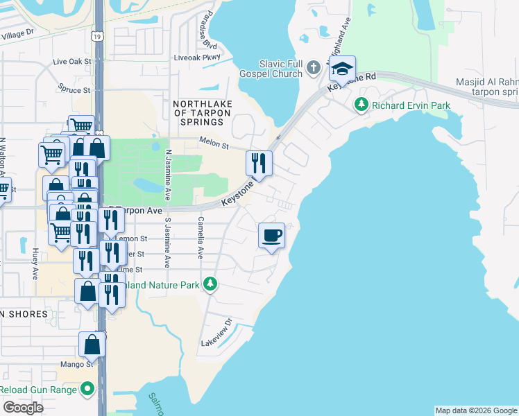 map of restaurants, bars, coffee shops, grocery stores, and more near 101 Tarpon Hills Boulevard in Tarpon Springs