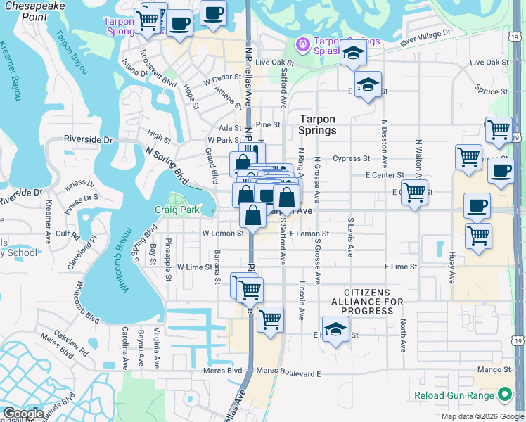 map of restaurants, bars, coffee shops, grocery stores, and more near 15 North Pinellas Avenue in Tarpon Springs