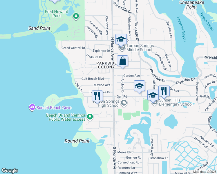map of restaurants, bars, coffee shops, grocery stores, and more near 1604 Tallahassee Drive in Tarpon Springs