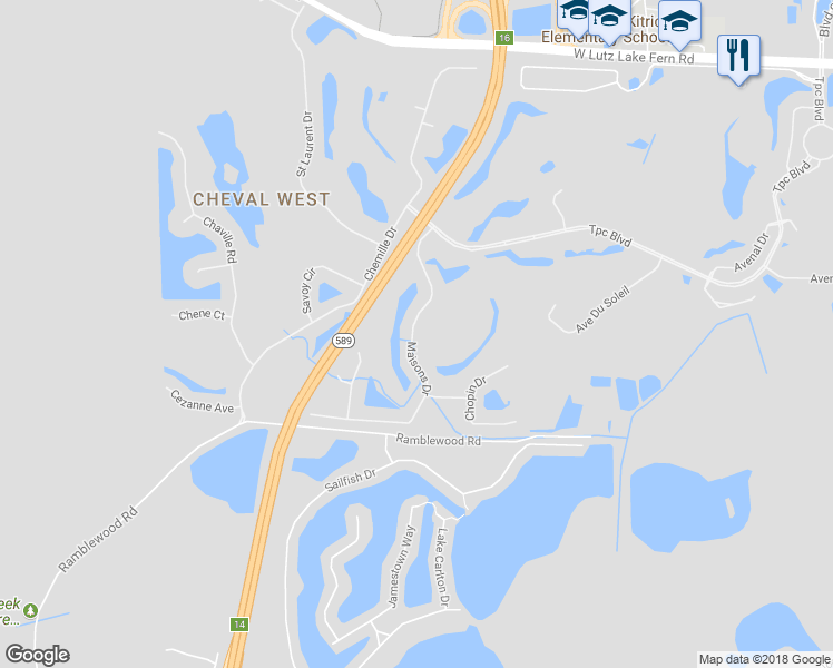 map of restaurants, bars, coffee shops, grocery stores, and more near 18925 Maisons Drive in Lutz