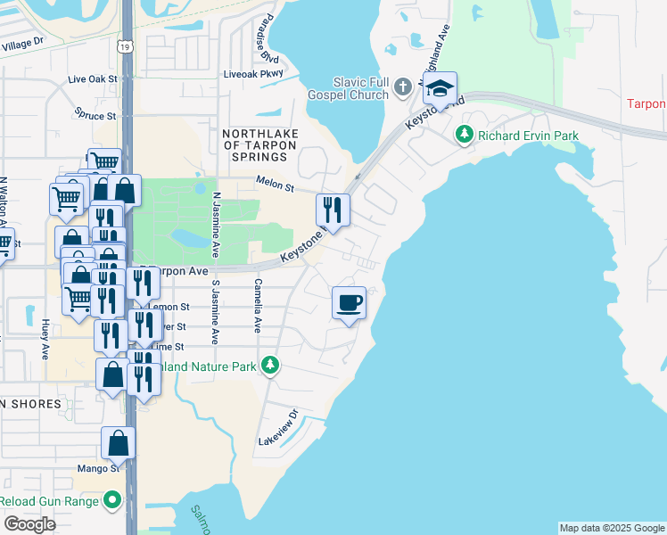 map of restaurants, bars, coffee shops, grocery stores, and more near 101 Tarpon Hills Boulevard in Tarpon Springs