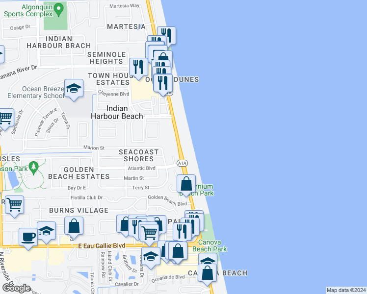 map of restaurants, bars, coffee shops, grocery stores, and more near 2075 Florida A1A in Indian Harbour Beach