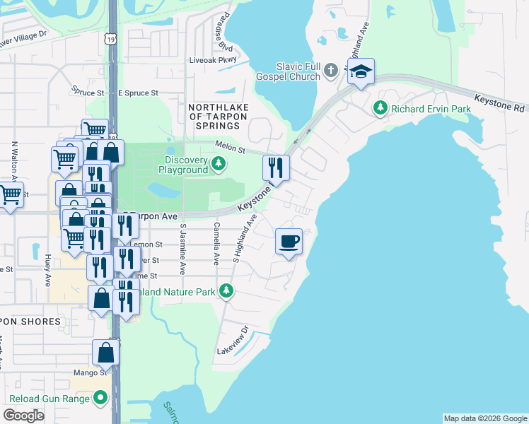 map of restaurants, bars, coffee shops, grocery stores, and more near 101 Tarpon Hills Boulevard in Tarpon Springs