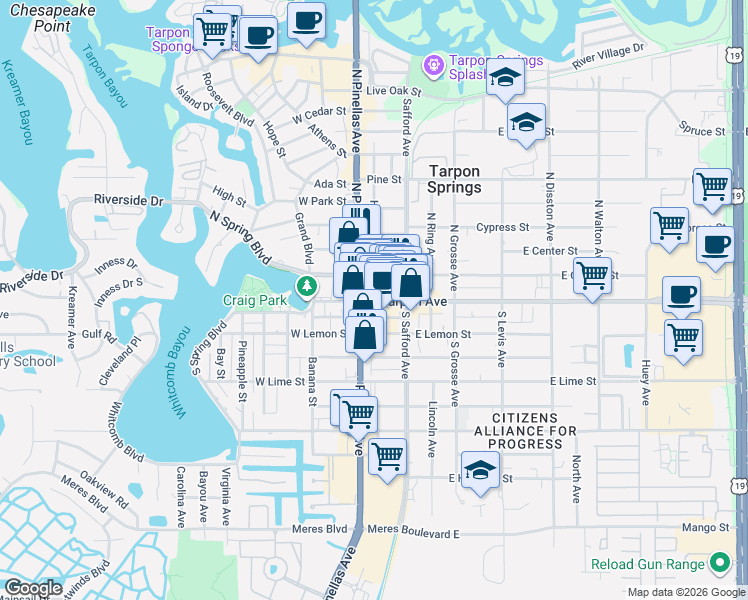 map of restaurants, bars, coffee shops, grocery stores, and more near 3 South Pinellas Avenue in Tarpon Springs