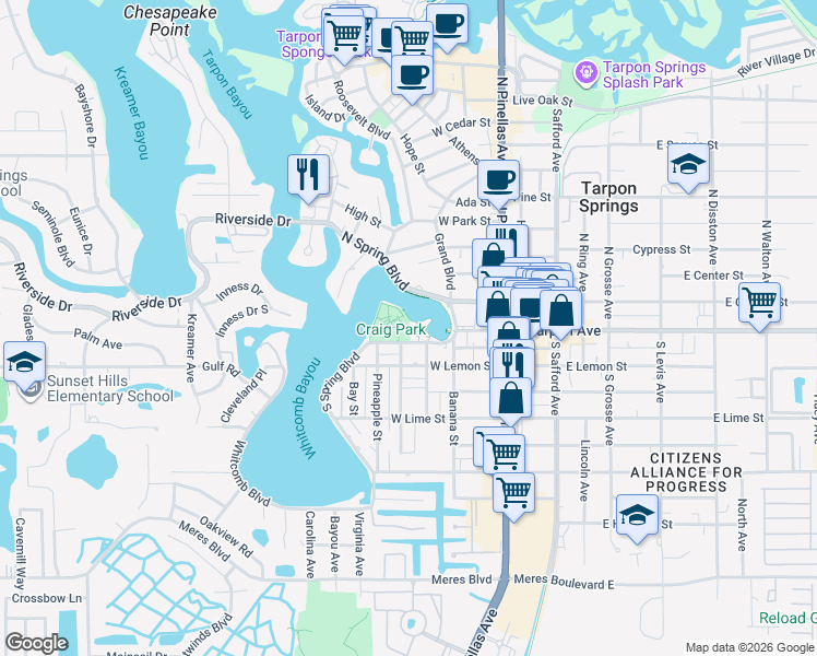 map of restaurants, bars, coffee shops, grocery stores, and more near 100 Beekman Lane in Tarpon Springs