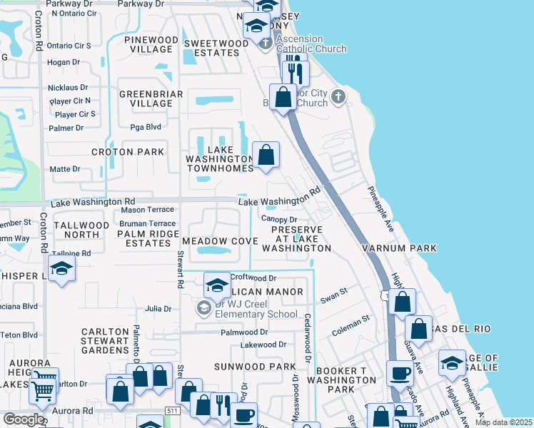map of restaurants, bars, coffee shops, grocery stores, and more near 2350 Canopy Drive in Melbourne
