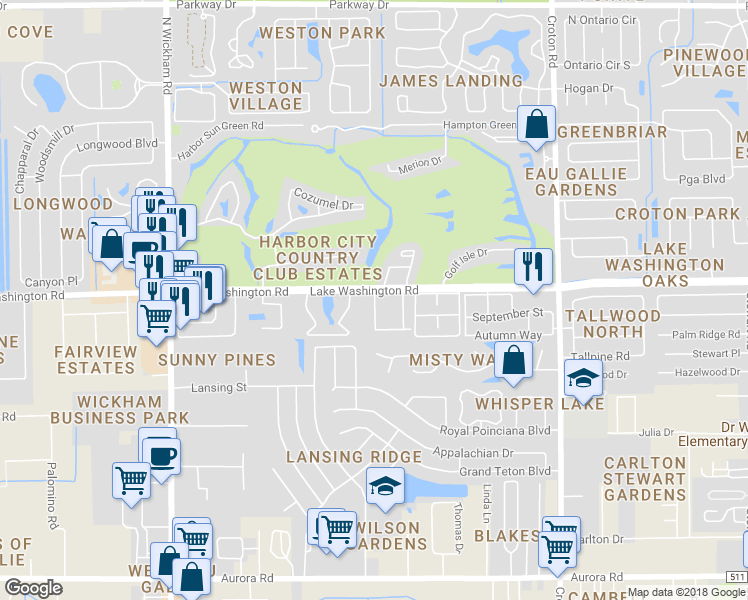 map of restaurants, bars, coffee shops, grocery stores, and more near 2420 Eden Park Drive in Melbourne