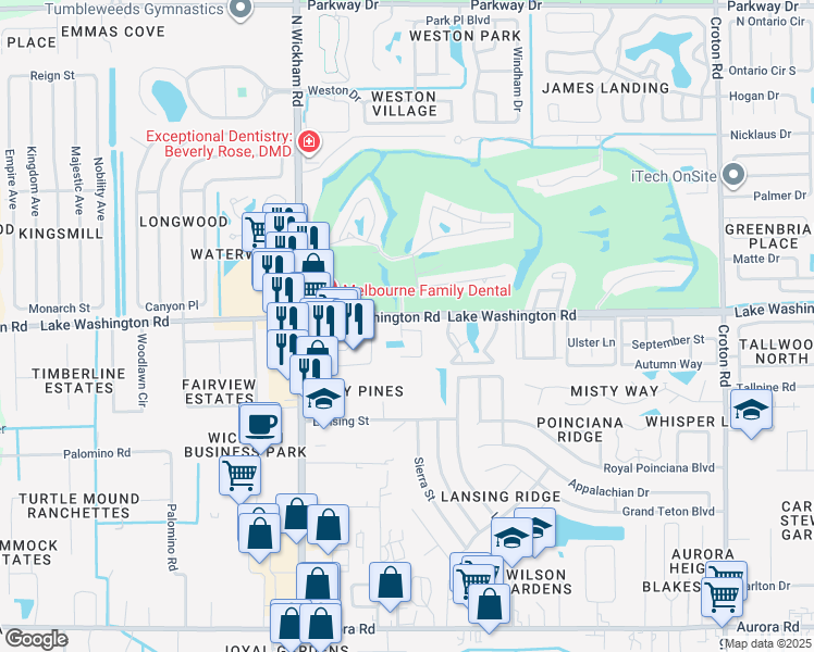 map of restaurants, bars, coffee shops, grocery stores, and more near 2334 Golf Lake Circle in Melbourne