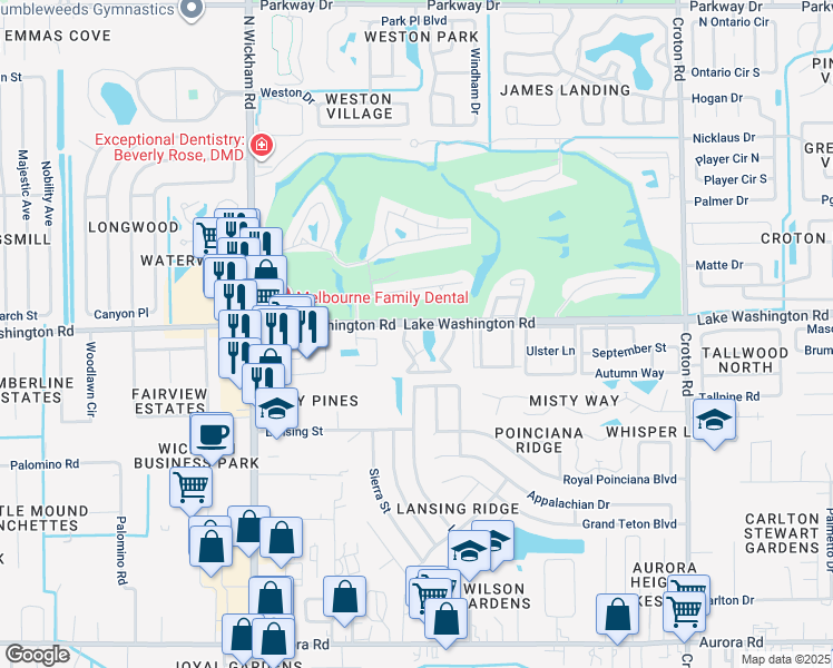 map of restaurants, bars, coffee shops, grocery stores, and more near 2385 Woodwind Trail in Melbourne