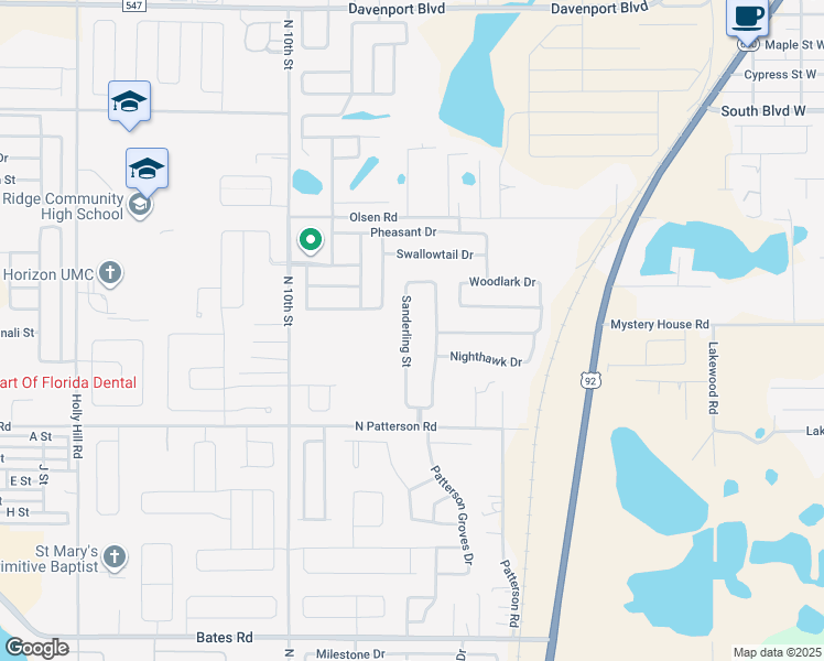 map of restaurants, bars, coffee shops, grocery stores, and more near 2900 Sanderling Street in Haines City