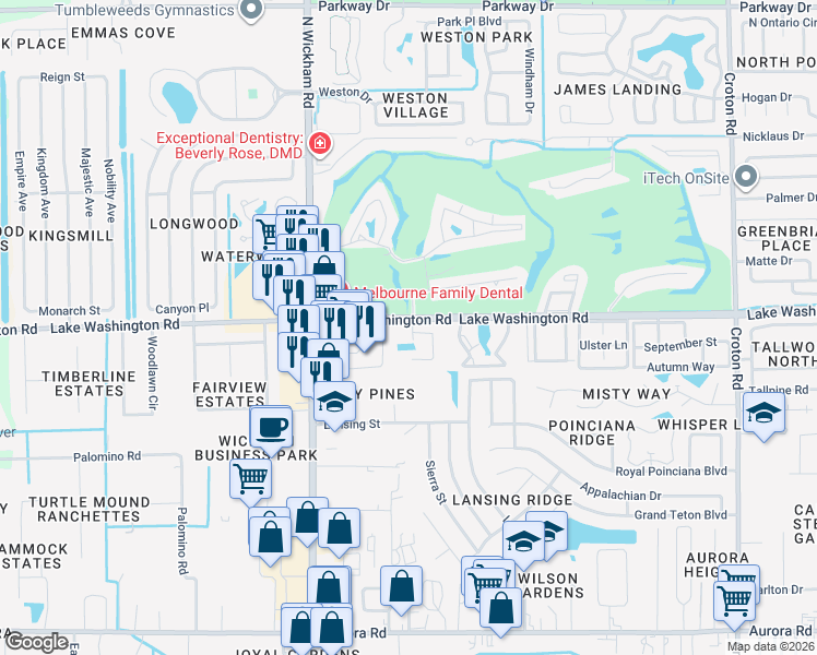 map of restaurants, bars, coffee shops, grocery stores, and more near 2358 Golf Lake Circle in Melbourne