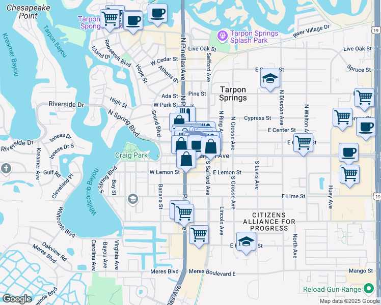 map of restaurants, bars, coffee shops, grocery stores, and more near 15 North Pinellas Avenue in Tarpon Springs