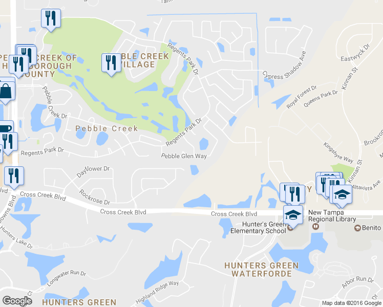 map of restaurants, bars, coffee shops, grocery stores, and more near 9501 Pebble Glen Avenue in Tampa