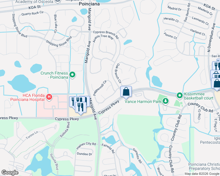 map of restaurants, bars, coffee shops, grocery stores, and more near 406 Spice Court in Kissimmee