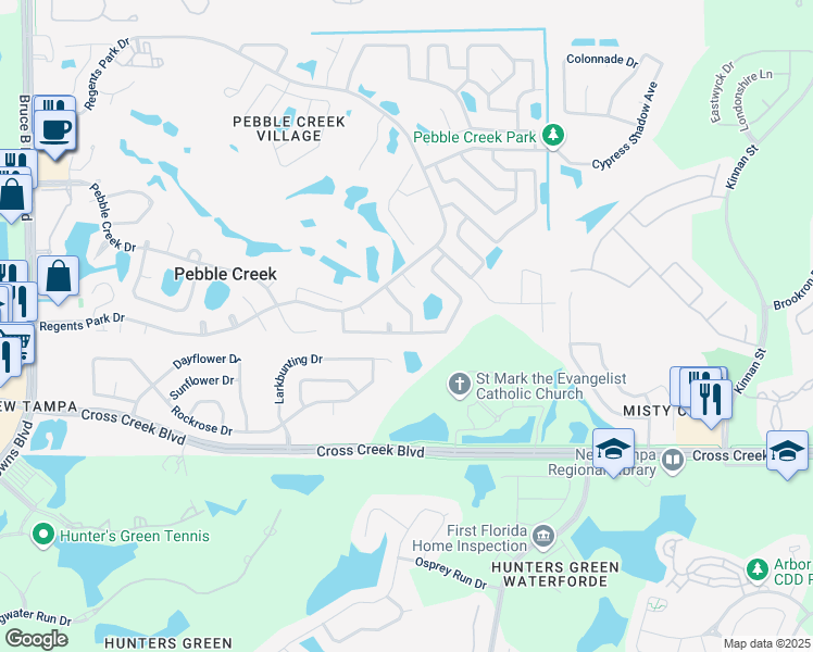 map of restaurants, bars, coffee shops, grocery stores, and more near 9501 Pebble Glen Avenue in Tampa
