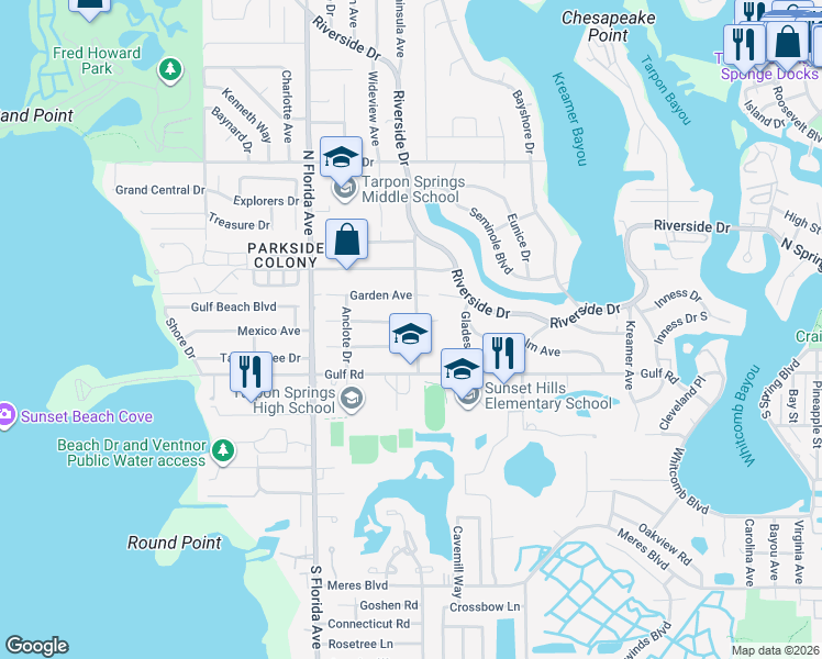 map of restaurants, bars, coffee shops, grocery stores, and more near 1403 Oleander Drive in Tarpon Springs