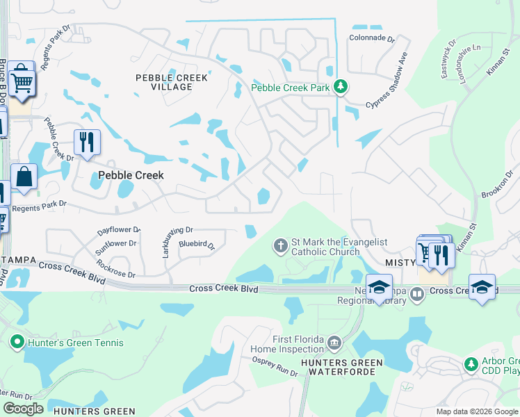 map of restaurants, bars, coffee shops, grocery stores, and more near 9506 Pebble Glen Avenue in Tampa