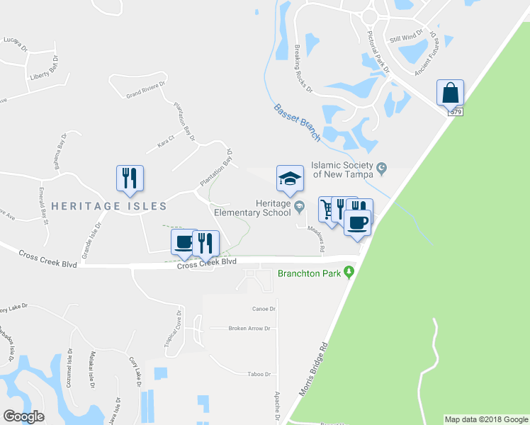 map of restaurants, bars, coffee shops, grocery stores, and more near 18143 Paradise Point Drive in Tampa