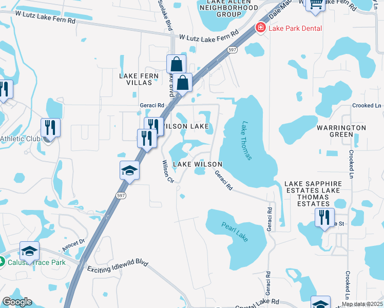 map of restaurants, bars, coffee shops, grocery stores, and more near 2611 Wilson Circle in Lutz