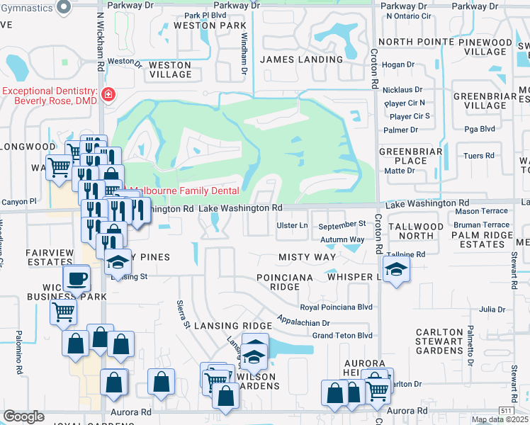 map of restaurants, bars, coffee shops, grocery stores, and more near 2420 Forest Park Drive in Melbourne