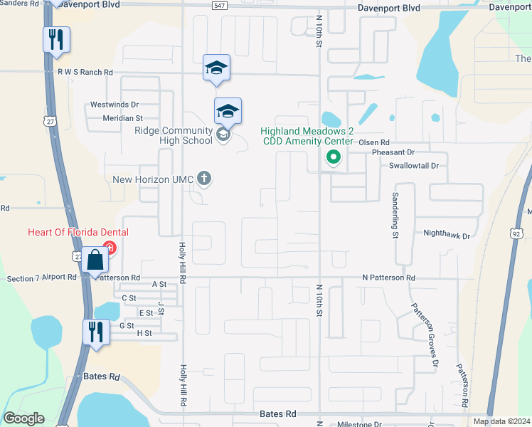 map of restaurants, bars, coffee shops, grocery stores, and more near 310 Pentas Lane in Haines City
