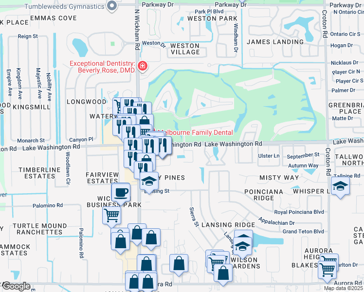 map of restaurants, bars, coffee shops, grocery stores, and more near 2334 Golf Lake Circle in Melbourne