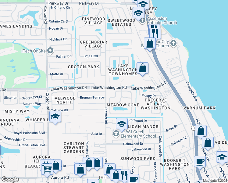 map of restaurants, bars, coffee shops, grocery stores, and more near 1544 Clover Circle in Melbourne