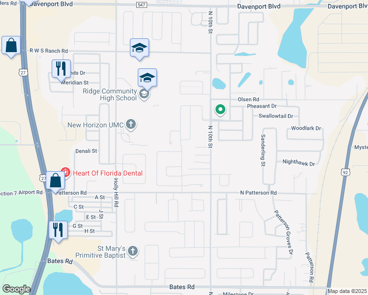 map of restaurants, bars, coffee shops, grocery stores, and more near 343 Tanager Street in Haines City