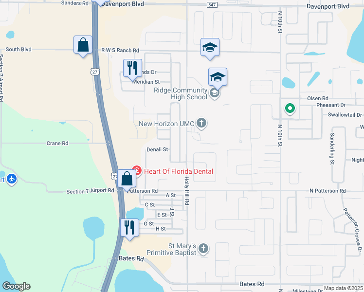 map of restaurants, bars, coffee shops, grocery stores, and more near 695 Tortugas Street in Haines City