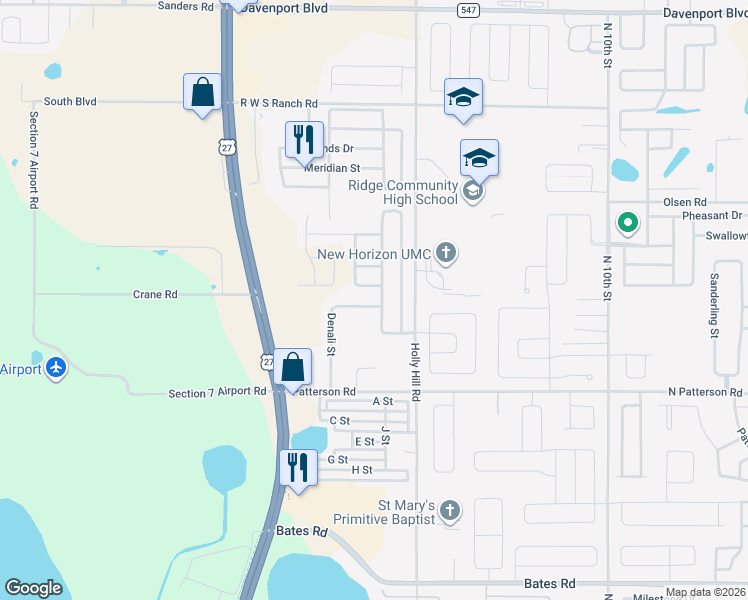 map of restaurants, bars, coffee shops, grocery stores, and more near 248 Denali Street in Haines City
