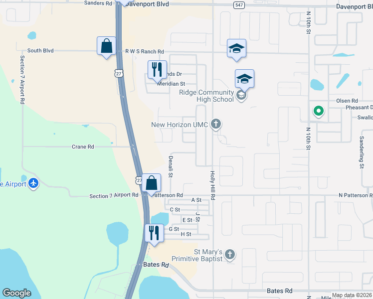 map of restaurants, bars, coffee shops, grocery stores, and more near 248 Denali Street in Haines City