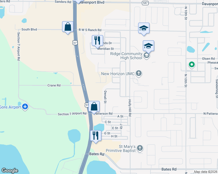 map of restaurants, bars, coffee shops, grocery stores, and more near 248 Denali Street in Haines City