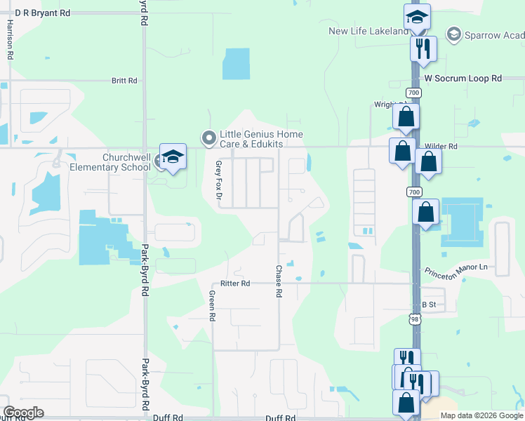 map of restaurants, bars, coffee shops, grocery stores, and more near 1706 Grey Fox Drive in Lakeland