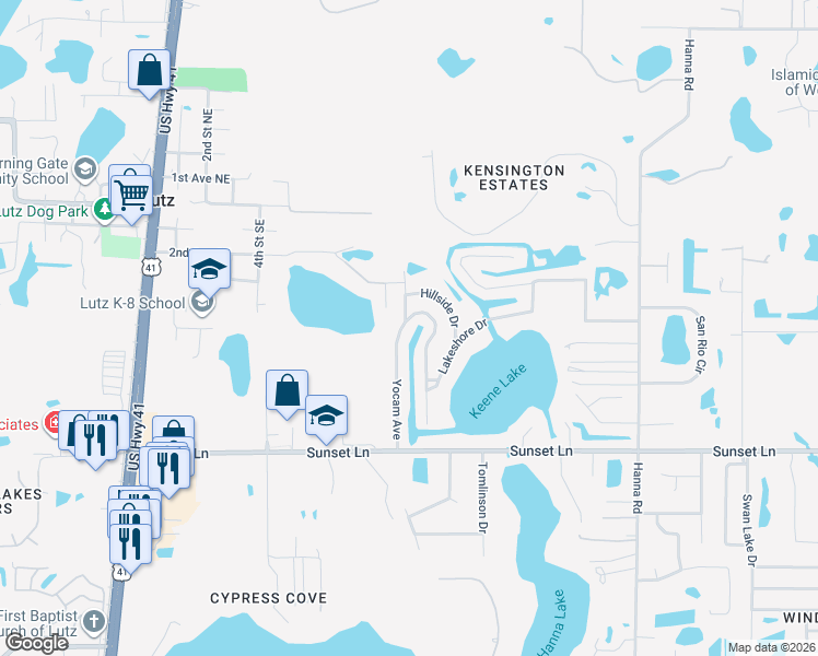 map of restaurants, bars, coffee shops, grocery stores, and more near 18619 Yocam Avenue in Lutz