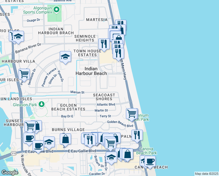 map of restaurants, bars, coffee shops, grocery stores, and more near 109 Marion Street in Satellite Beach